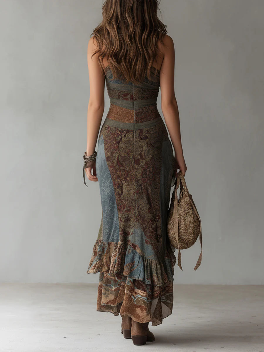 Vestido largo mujer un solo hombro estampado abertura alta