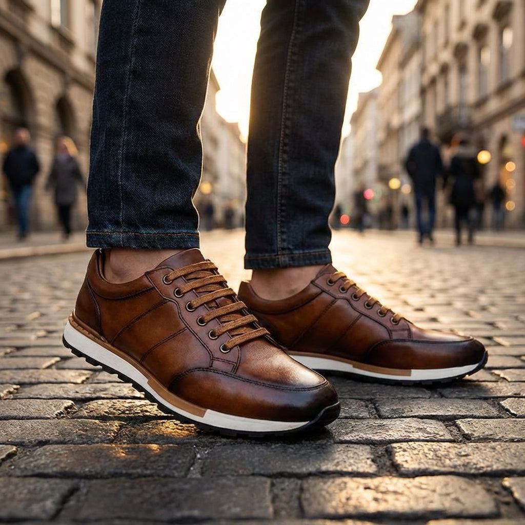 Zapatillas Hombre de Cuero Genuino con Cordones Suela Antideslizante