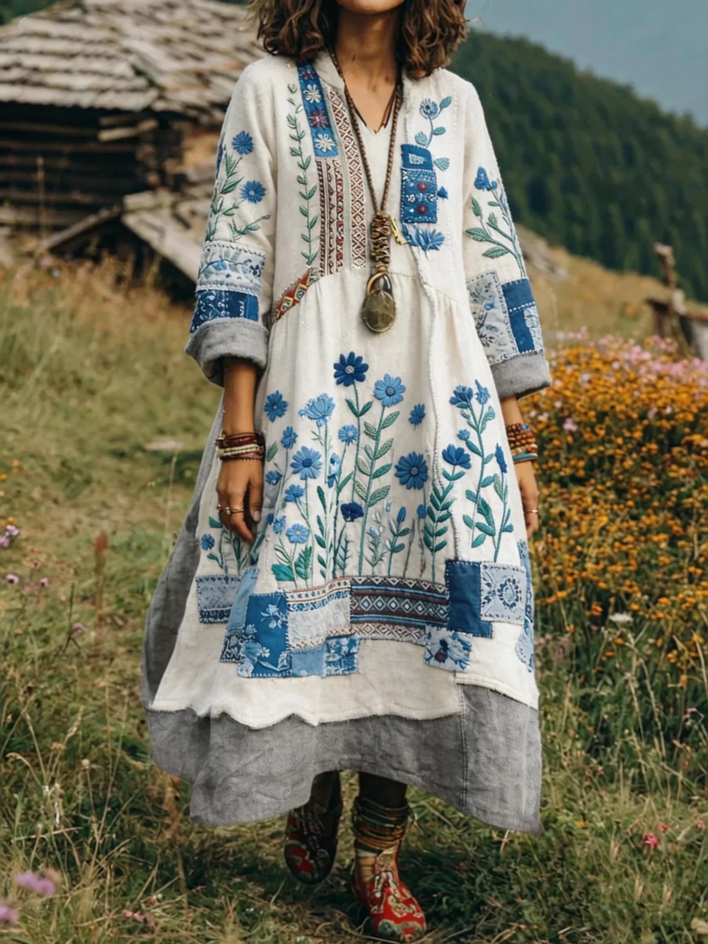 Vestido largo mujer patchwork bordado estilo bohemio fluido