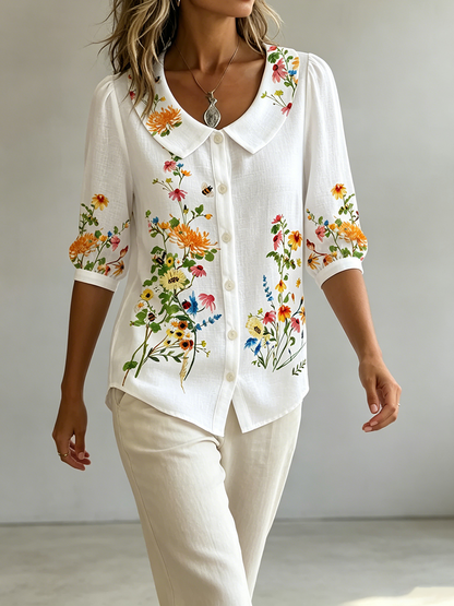 Blusa mujer lino algodón cuello peter pan estilo vintage