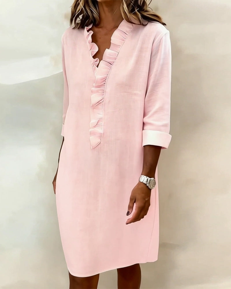 Vestido mujer lino algodón escote en V volantes casual