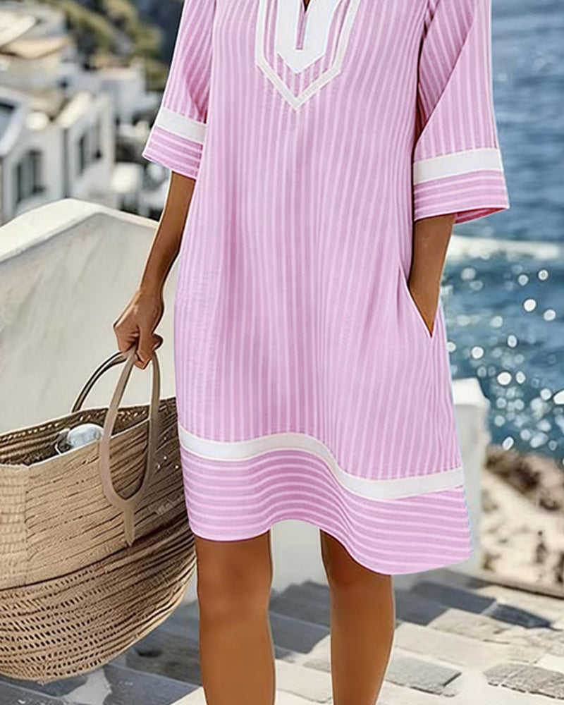 Vestido Mujer Rayas Cuello en V Estilo Casual Veraniego