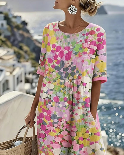 Vestido midi mujer algodón lino estampado bolsillos verano