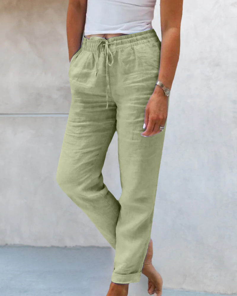 Pantalones Mujer de Lino y Algodón Cintura Elástica con Cordón