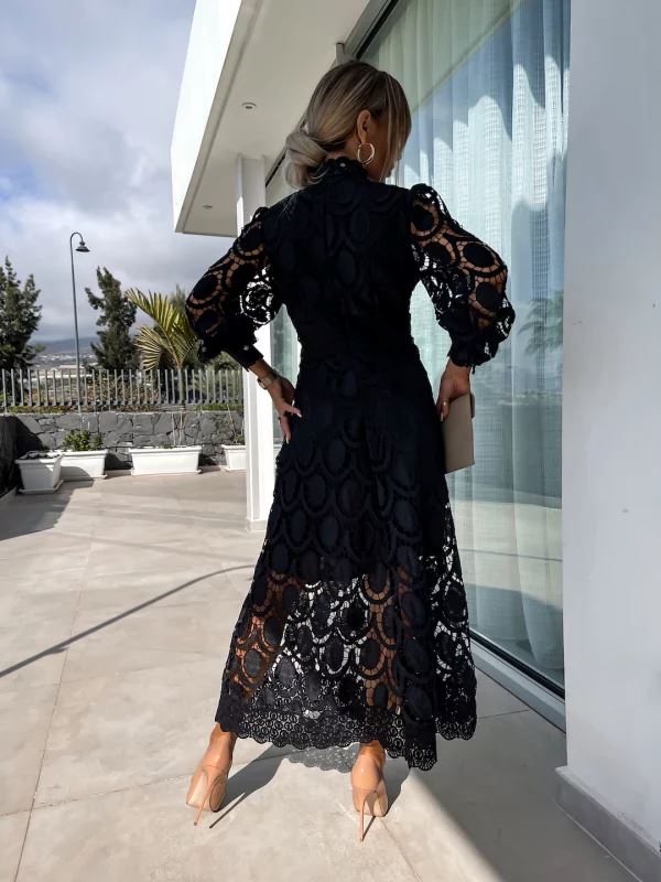 Vestido midi mujer de encaje manga larga cuello alto