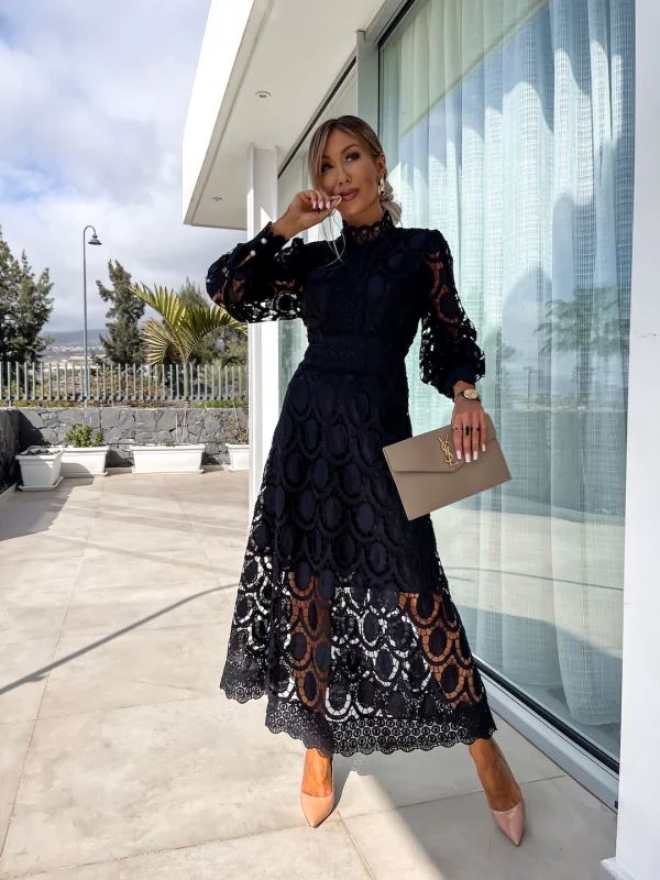 Vestido midi mujer de encaje manga larga cuello alto