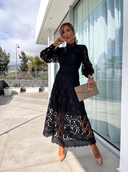 Vestido midi mujer de encaje manga larga cuello alto