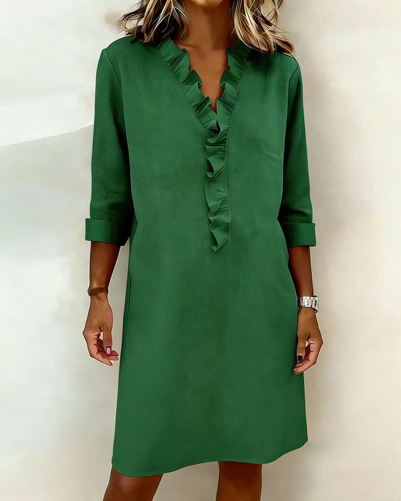 Vestido mujer lino algodón escote en V volantes casual