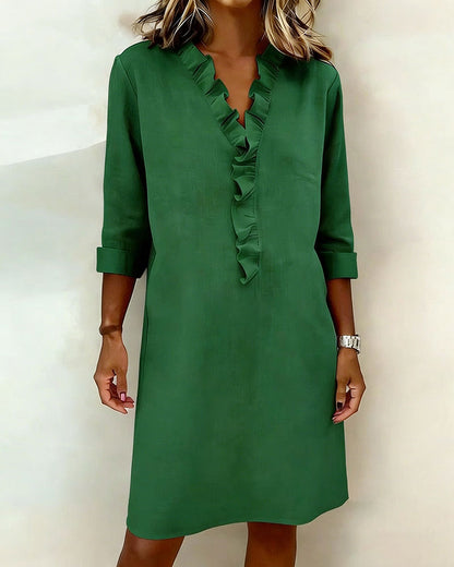 Vestido mujer lino algodón escote en V volantes casual