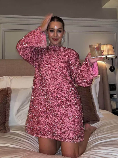 Vestido corto mujer con lentejuelas y detalle de lazo