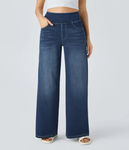 Pantalones mujer denim elástico talle alto pierna ancha moldeadores