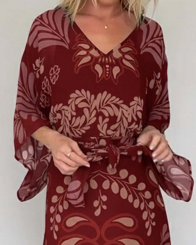 Vestido maxi mujer fluido estampado hojas estilo bohemio