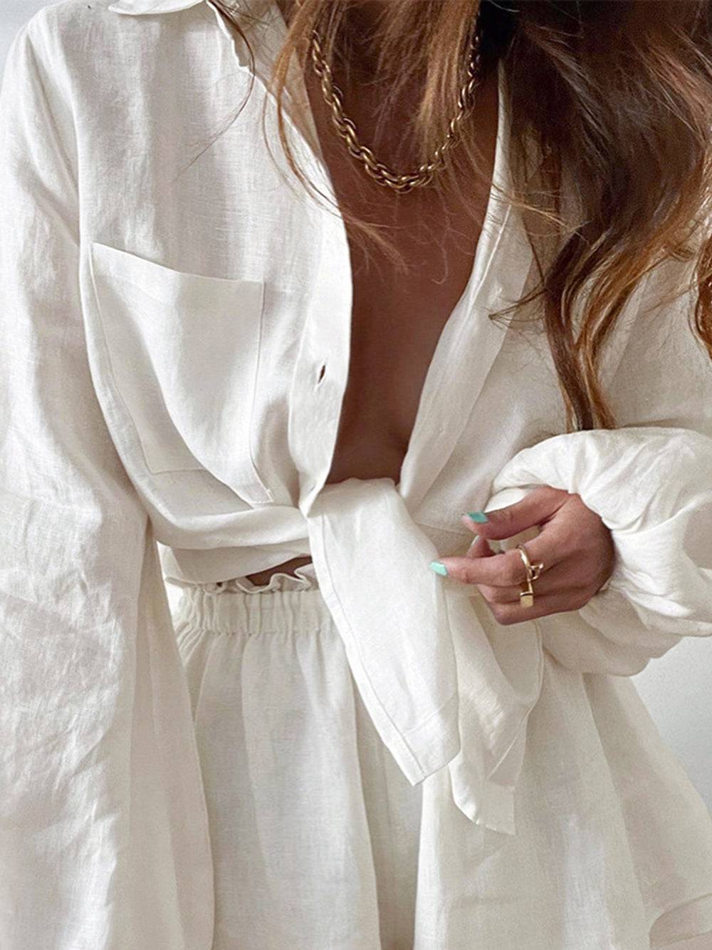 Conjunto Mujer Veraniego de Lino Blusa y Pantalón Corto