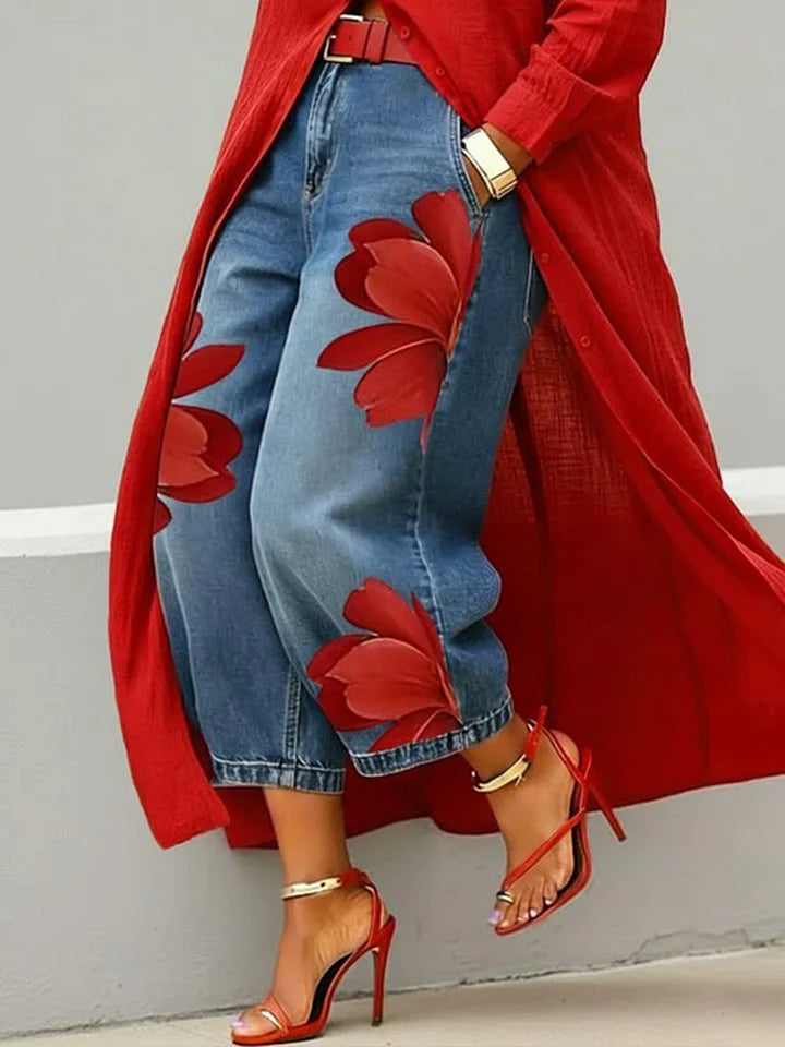 Conjunto Mujer Camisa Larga y Jeans Estampado Floral