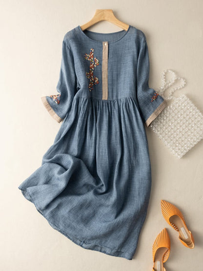 Vestido Mujer Bordado Manga Larga Cuello Redondo