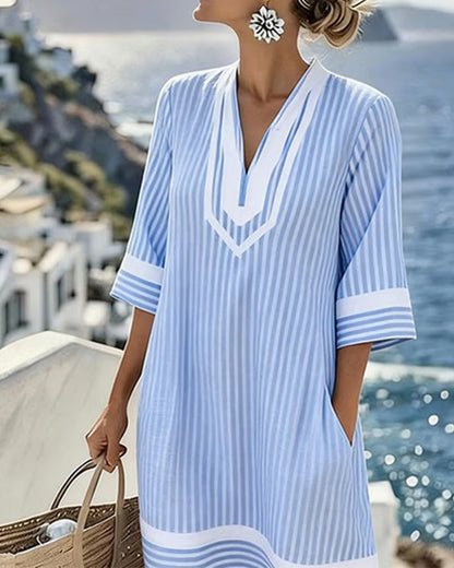 Vestido Mujer Rayas Cuello en V Estilo Casual Veraniego