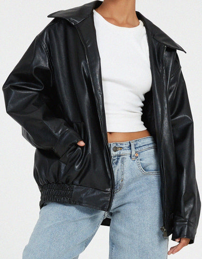 Chaqueta bomber mujer de cuero sintético cuello y cremallera