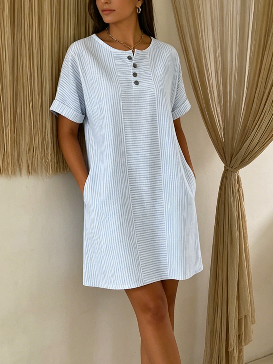 Vestido Mujer Algodón Lino Botones Corte Suelto