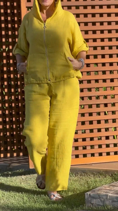 Conjunto Mujer Casual Algodón y Lino Capucha Cremallera