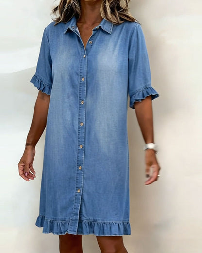 Vestido Mujer de Denim con Botones y Volantes Estilo Casual