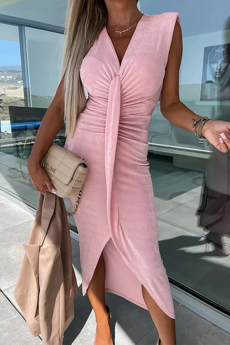 Vestido Mujer con Escote en V y Pliegues Asimétricos