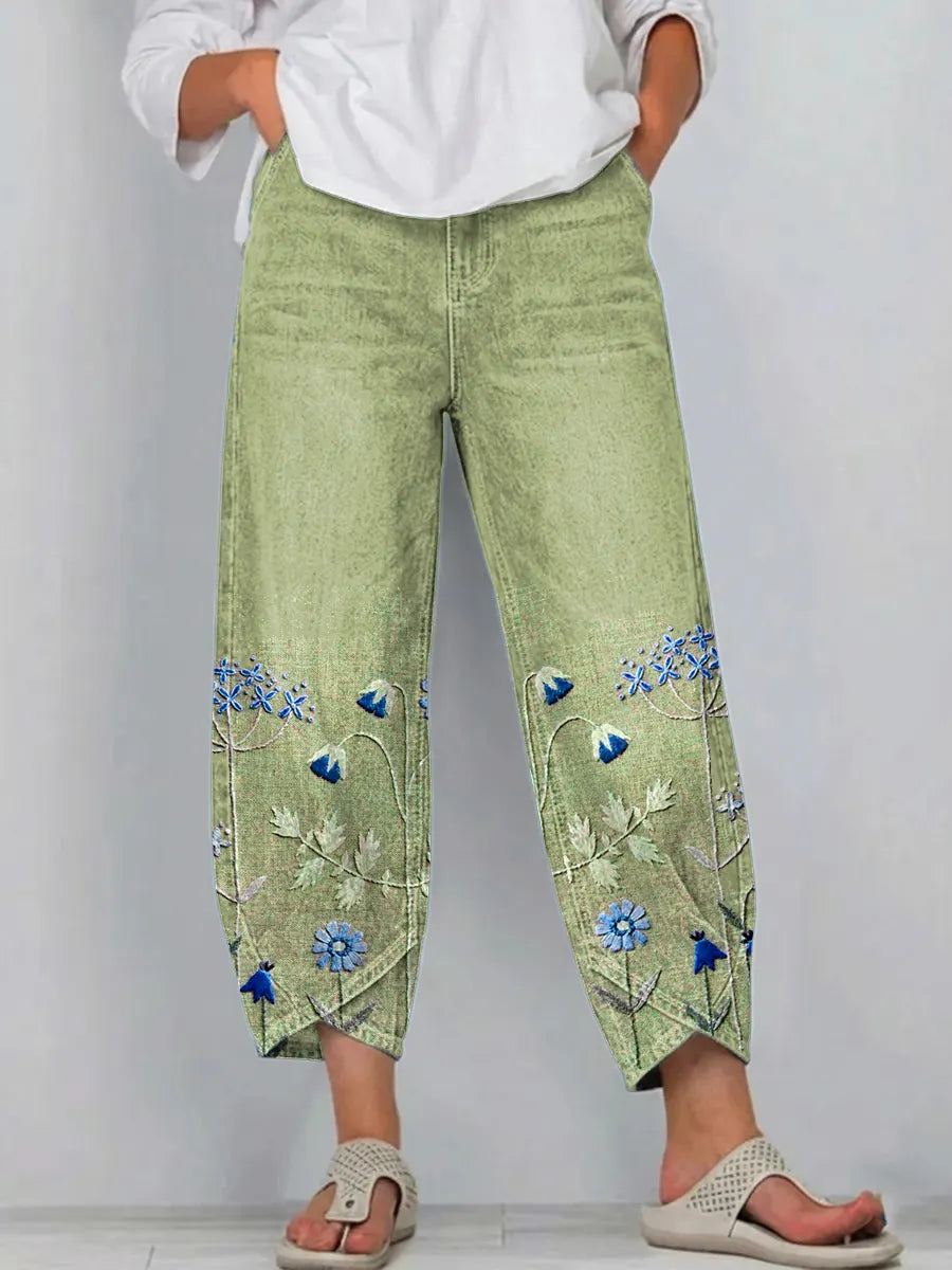 Pantalón mujer denim algodón bordado floral corte recto boho