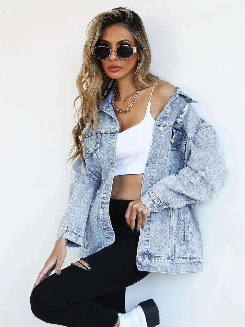 Chaqueta Vaquera Mujer Algodón Oversize Efecto Lavado Desgastada