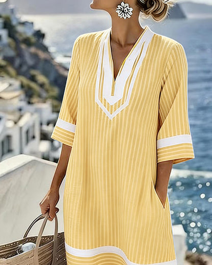 Vestido Mujer Rayas Cuello en V Estilo Casual Veraniego
