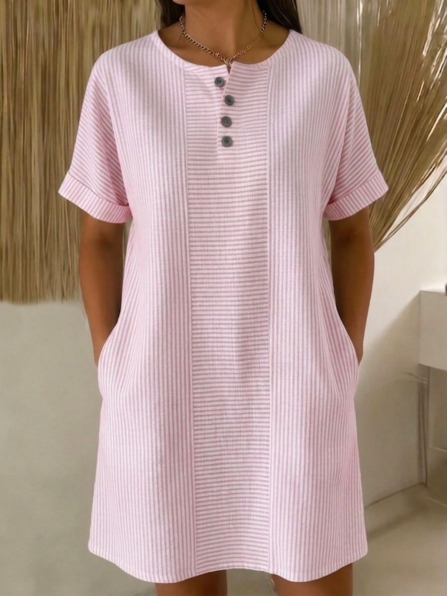 Vestido Mujer Algodón Lino Botones Corte Suelto