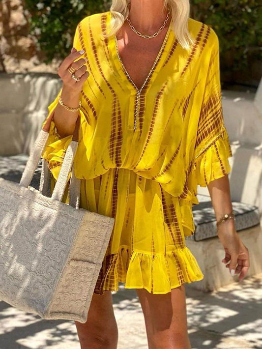 Vestido Mujer Fluido Escote en V Mangas Murciélago Falda Volantes - Mavetta