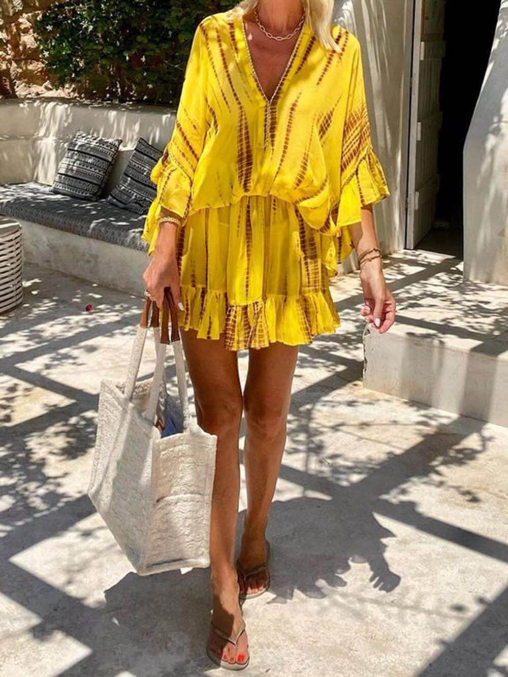 Vestido Mujer Fluido Escote en V Mangas Murciélago Falda Volantes