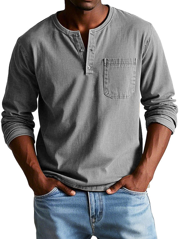 Camiseta henley hombre Algodón manga larga con bolsillo pecho