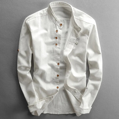Camisa Hombre Algodón y Lino Cuello Mao Manga Larga Slim Fit