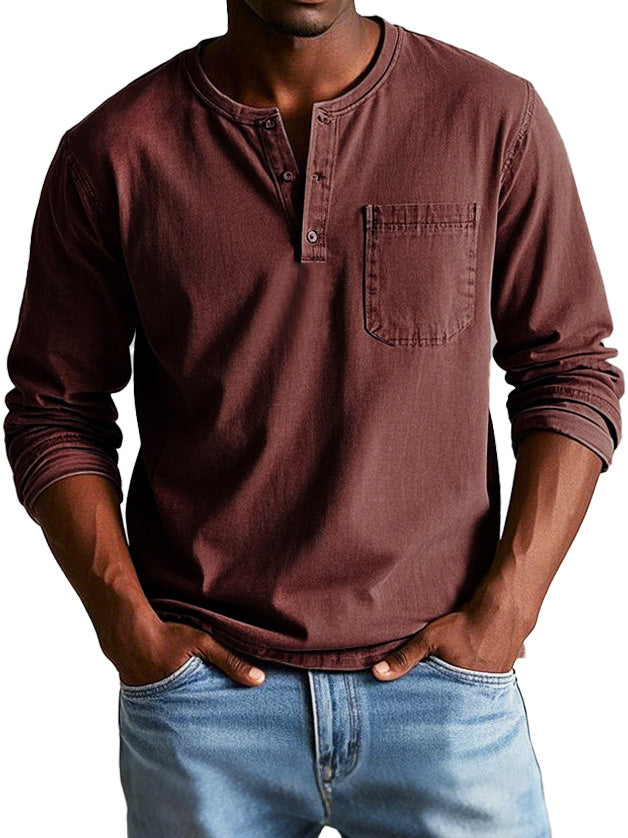 Camiseta henley hombre Algodón manga larga con bolsillo pecho