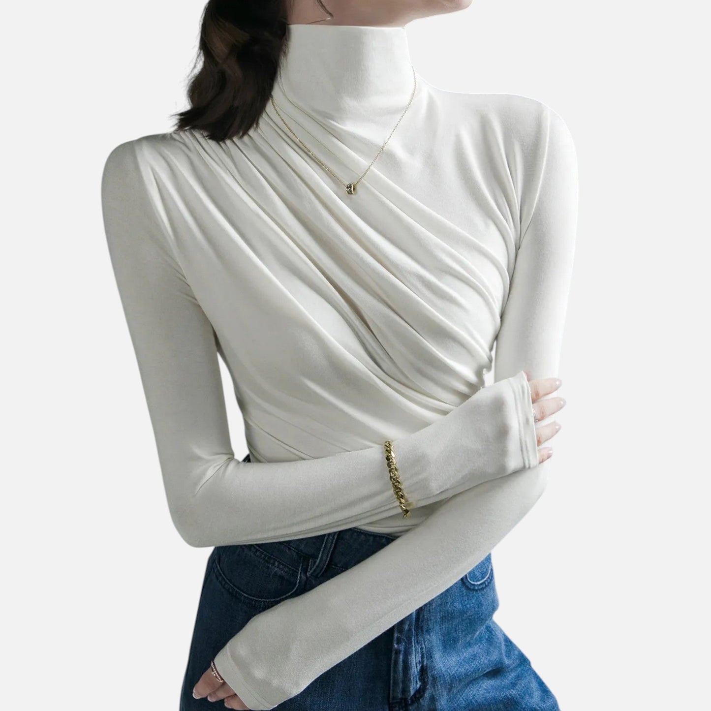 Blusa Mujer Cuello Alto Detalle Fruncido Ajuste Regular