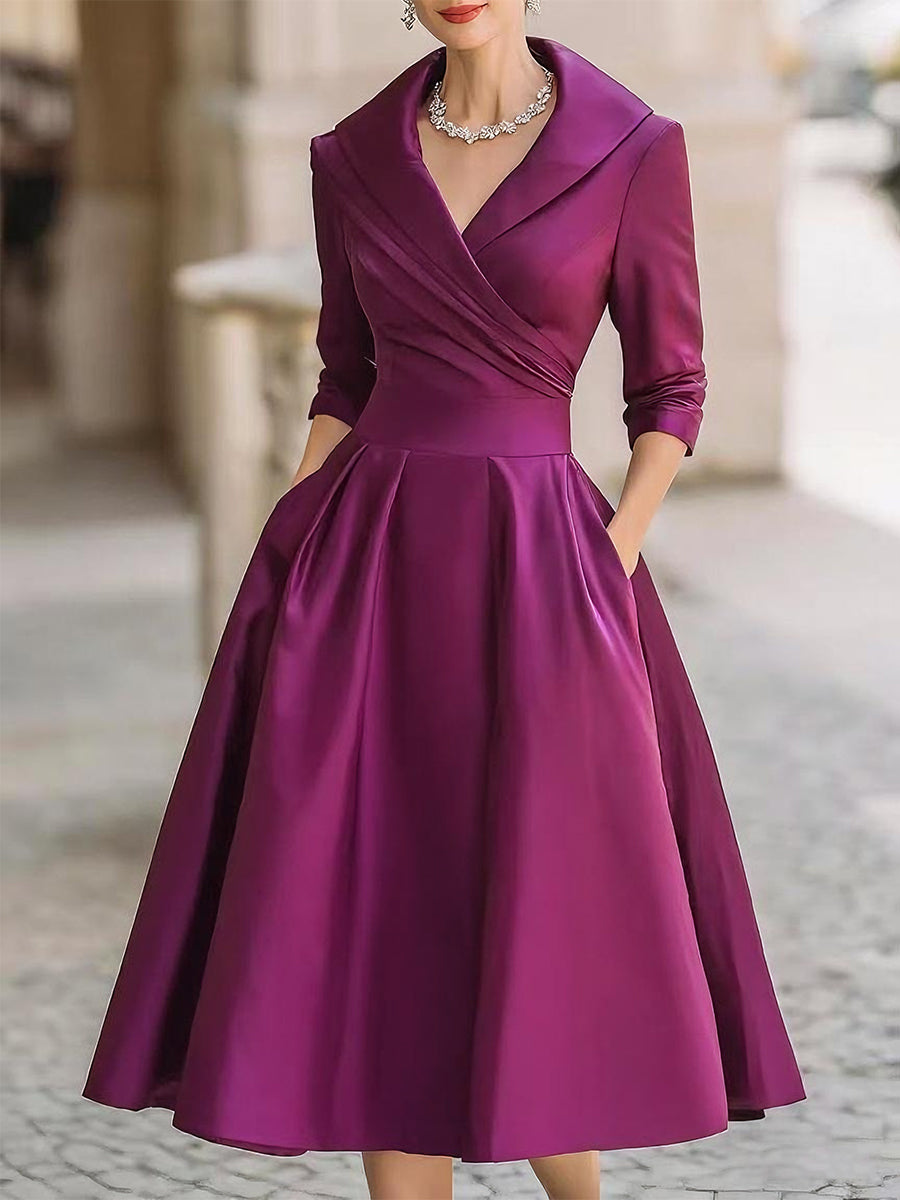 Vestido midi mujer con manga larga y cuello cruzado