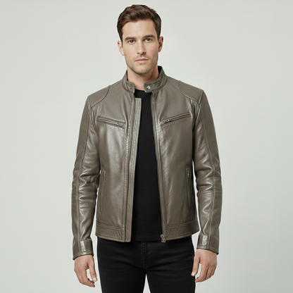 Chaqueta Hombre Cuero Sintético Cuello Alto Puños Ajustables