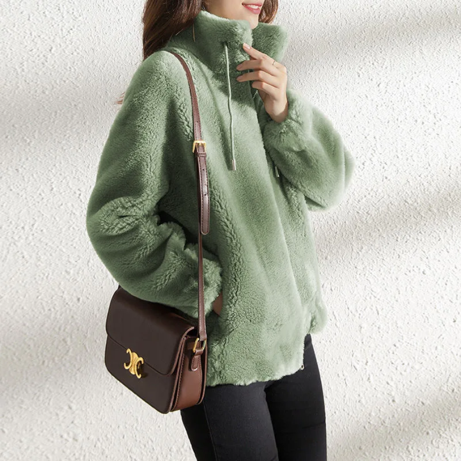 Chaqueta Mujer Teddy Cuello Alto Cremallera Moderna