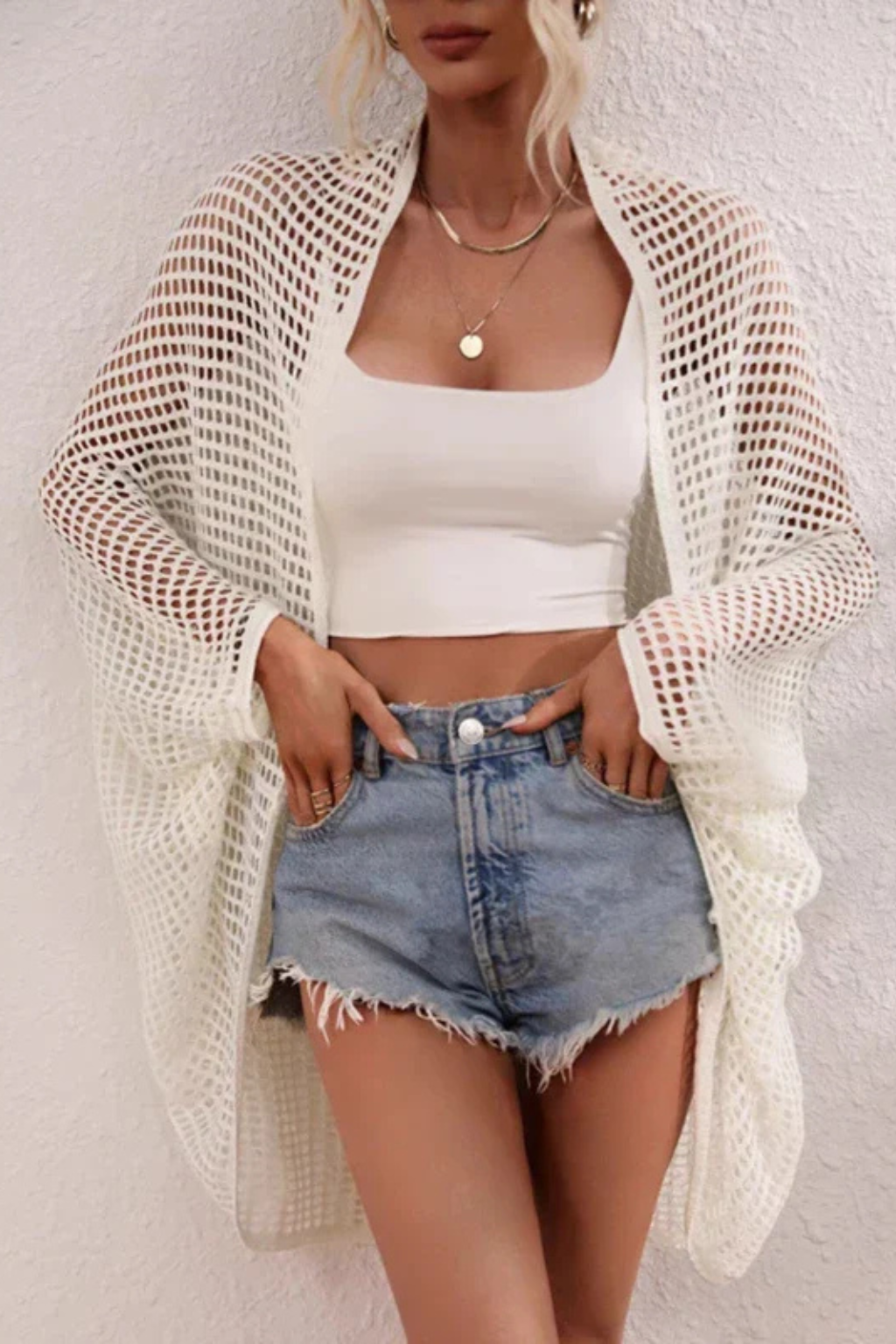Cárdigan Mujer de Punto Calado Crochet Estilo Casual