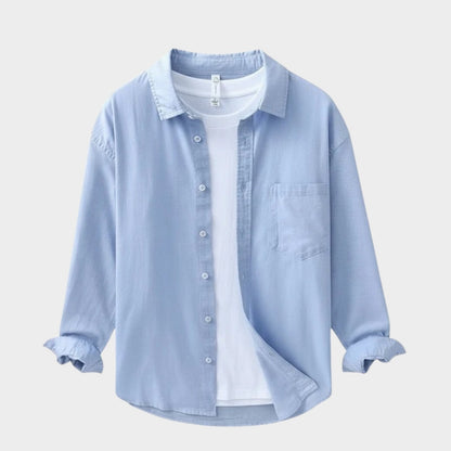 Camisa Hombre Algodón y Lino Manga Larga Cuello Solapa