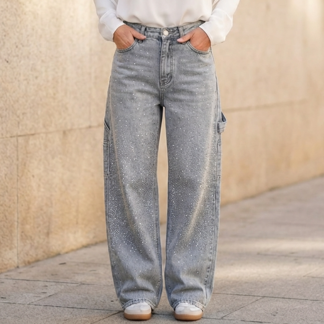 Pantalones Vaqueros Mujer Anchos Detalles Brillantes
