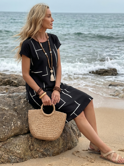Vestido midi mujer algodón lino escote en V casual verano