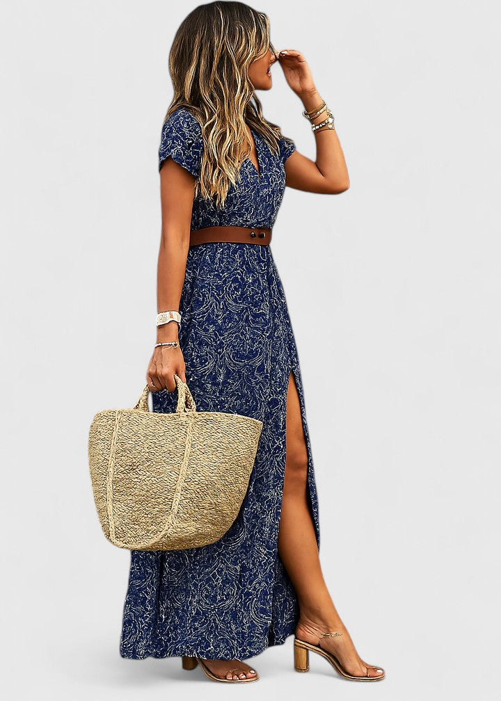 Vestido maxi mujer estilo boho cuello en V manga corta - Mavetta