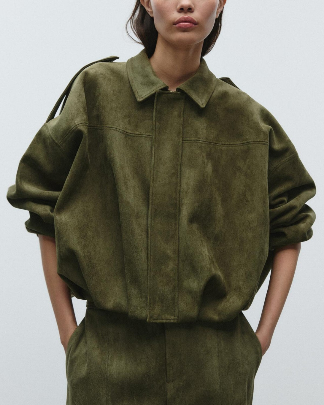 Chaqueta Bomber Mujer de Ante Estilo Oversize Cierre Cremallera