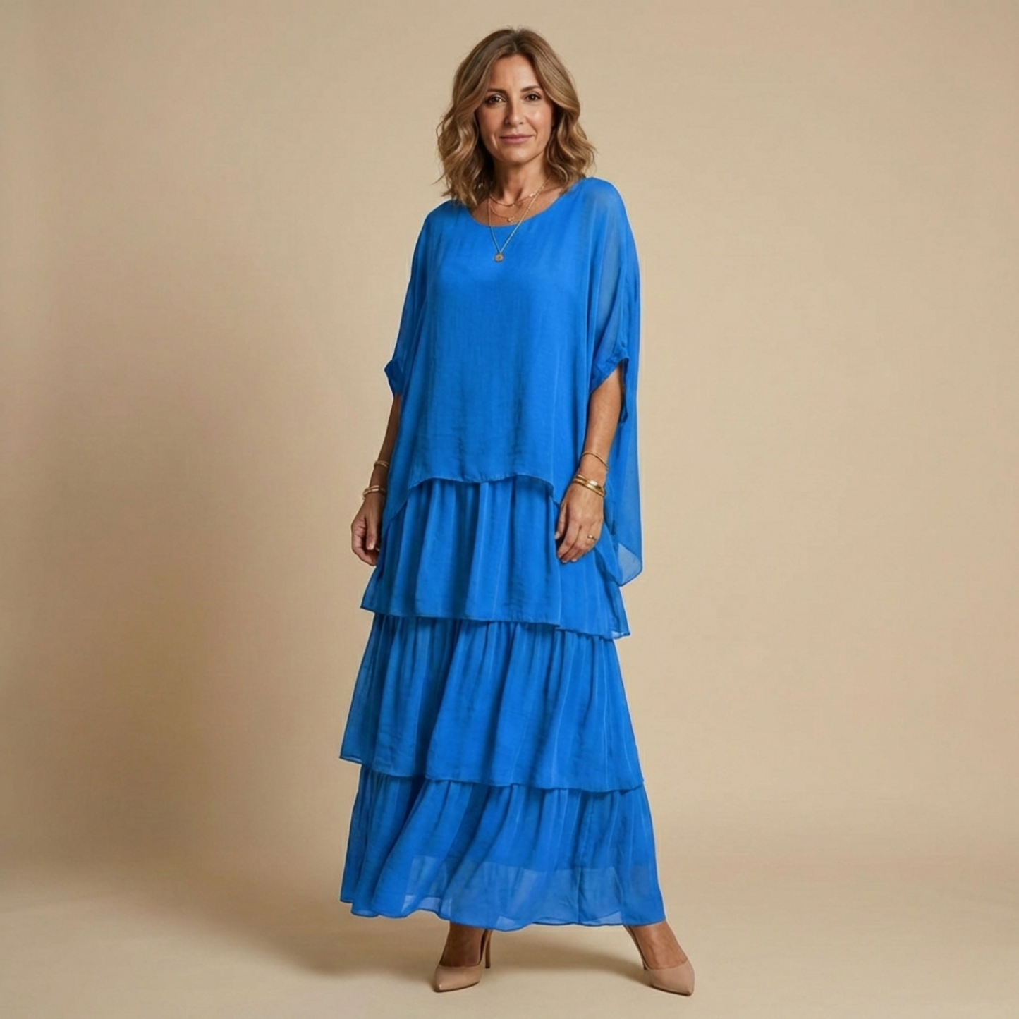 Vestido Largo Mujer Fluido en Capas Manga Suelta Corte Amplio
