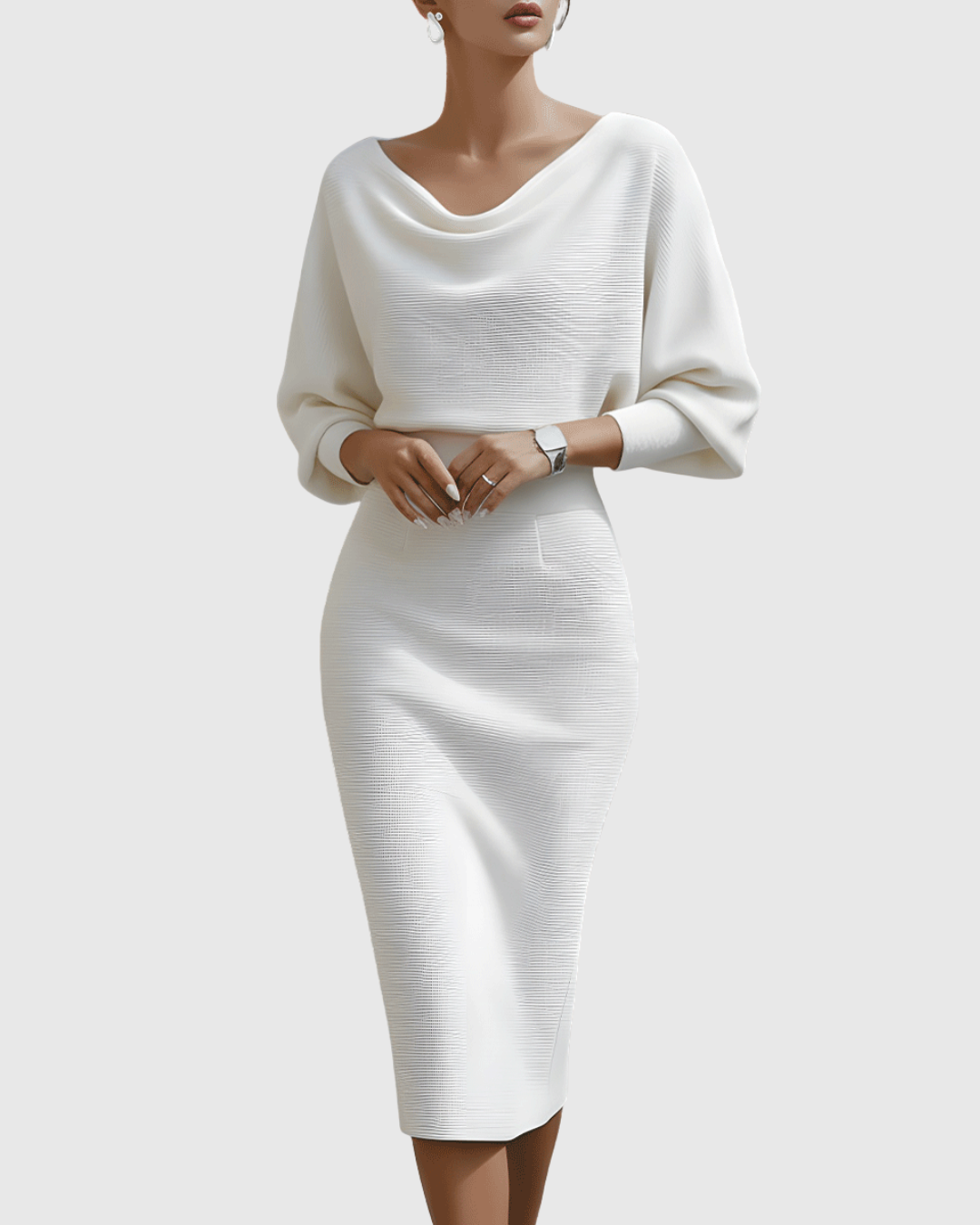Vestido midi mujer Drapeado Manga Murciélago Escote Elegante