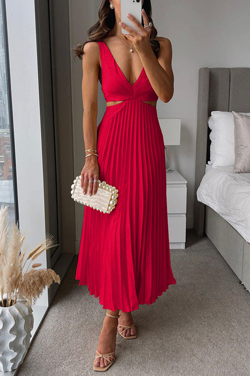 Vestido midi mujer Escote en V Falda Plisada Ajuste Elegante