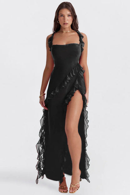 Vestido largo mujer con volantes escote espalda fiesta