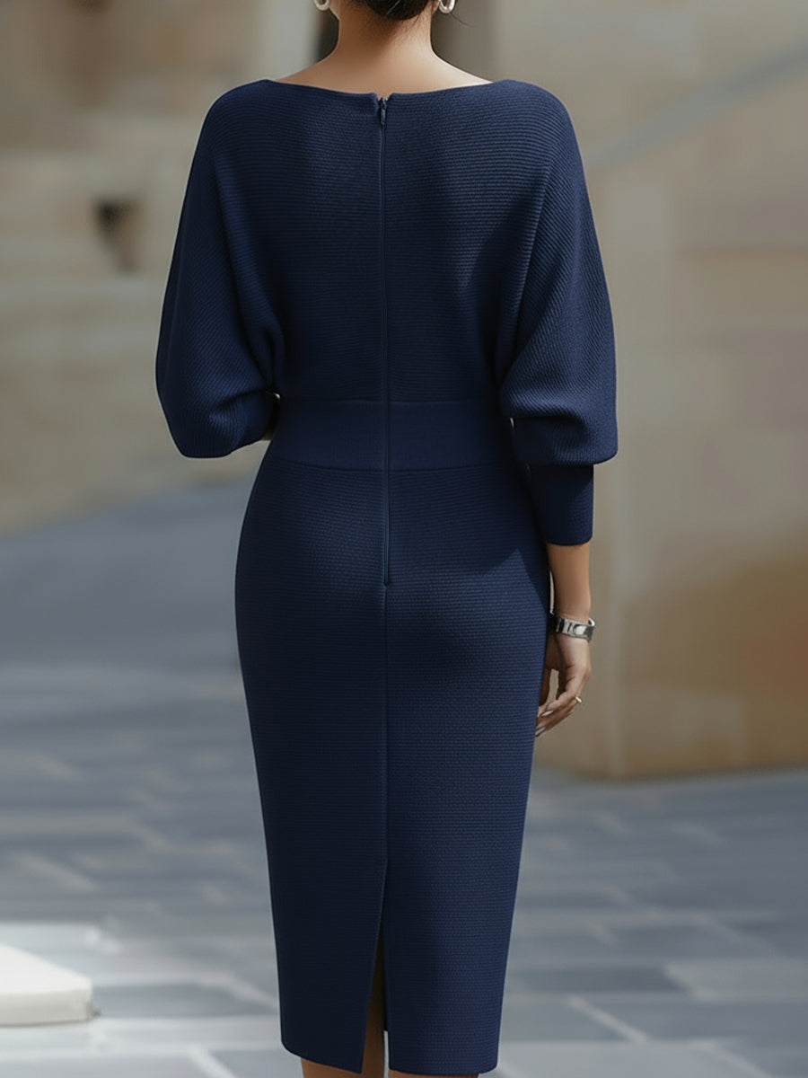 Vestido midi mujer con manga media y cuello drapeado ajustado