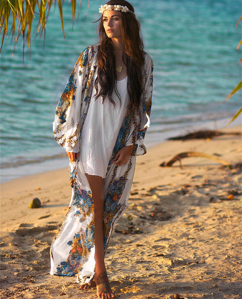 Kimono largo mujer con estampado y corte fluido